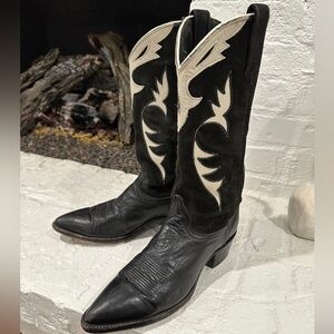 Vintage Dan Post Black & White Leather Suede Cowboy Boots in Women’s Size 9